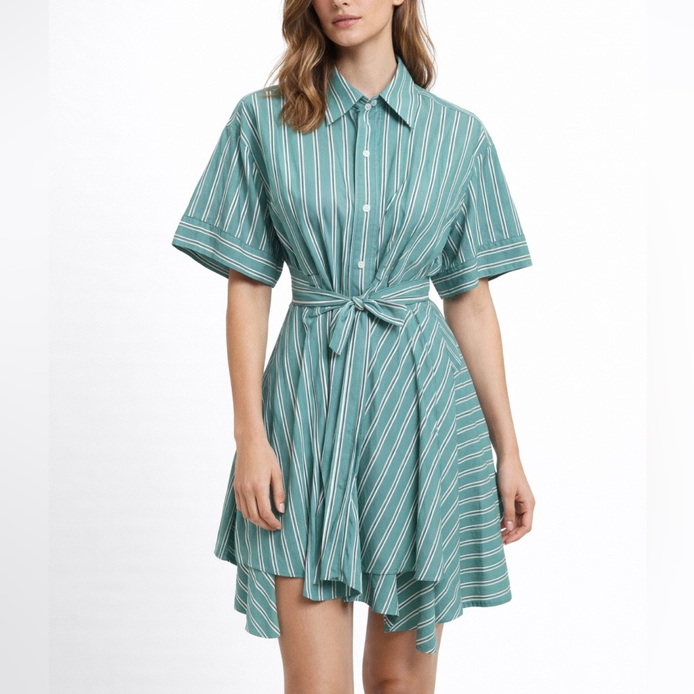 AKNVAS Tammy Shirt Dress Women's Medium Nile Stripe‎ Cotton Belted Ruffle Casual